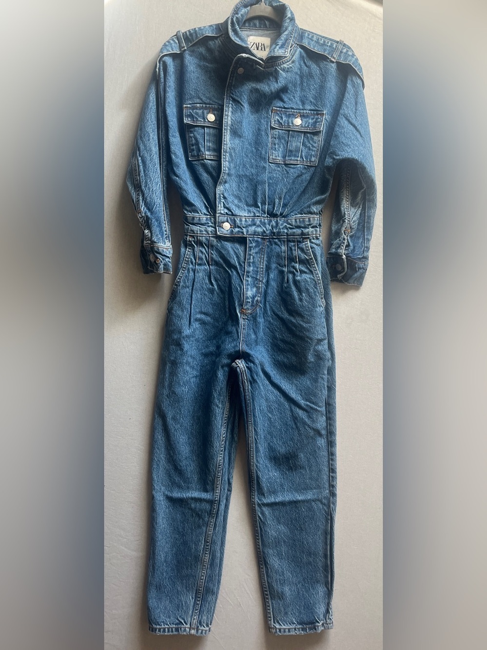 Zara Asymmetrical Moto Utility Denim Jumpsuit Boiler Suit Medium Wash Size S